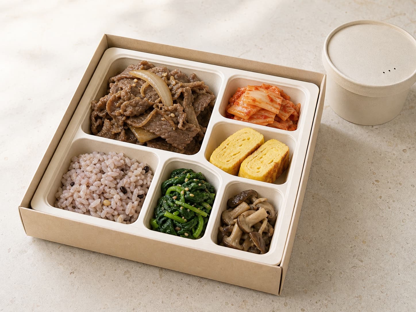 소불고기와 잡곡밥, 한국 반찬을 담은 고급 도시락